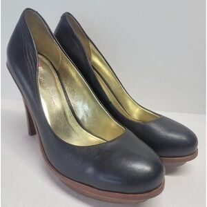 Elaine Turner Black Leather Platform Pumps Round Toe Gold Insole Heels Size 9.5